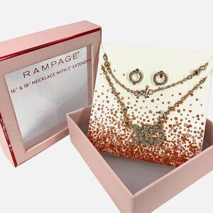 Rampage XO Double Strand Necklace & Earring Boxed Set Goldtone Rhinestone 16-18"